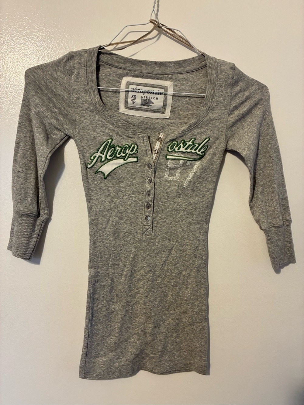Aeropostale Gray Henley Logo Shirt with Green Embroidery